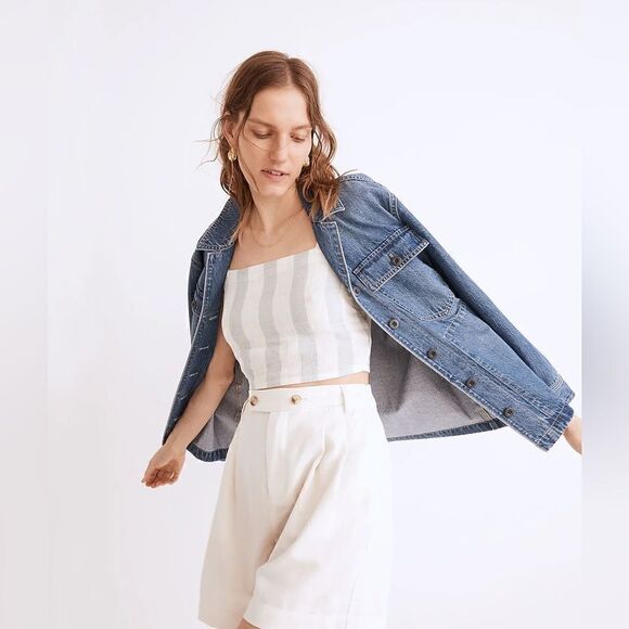 Madewell NWT Linen Blend Abbie Crop Top in Blue White Stripe Size XXL - Picture 2 of 13